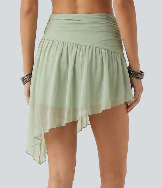 Mid Rise Asymmetrical Hem Mini Casual Flowy Skirt
