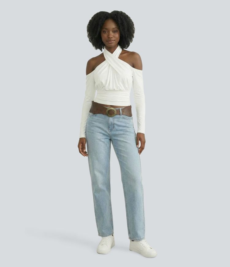 Halter-Oberteil, rückenfrei, langärmelig, lässig