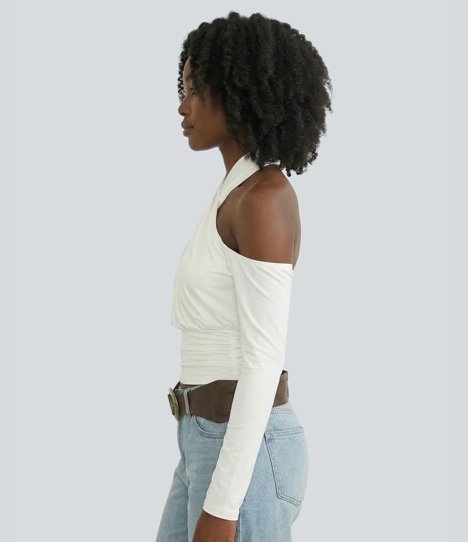 Halter-Oberteil, rückenfrei, langärmelig, lässig