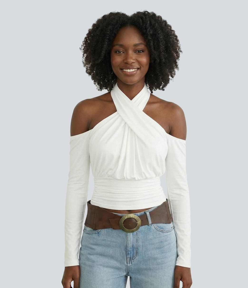 Halter-Oberteil, rückenfrei, langärmelig, lässig