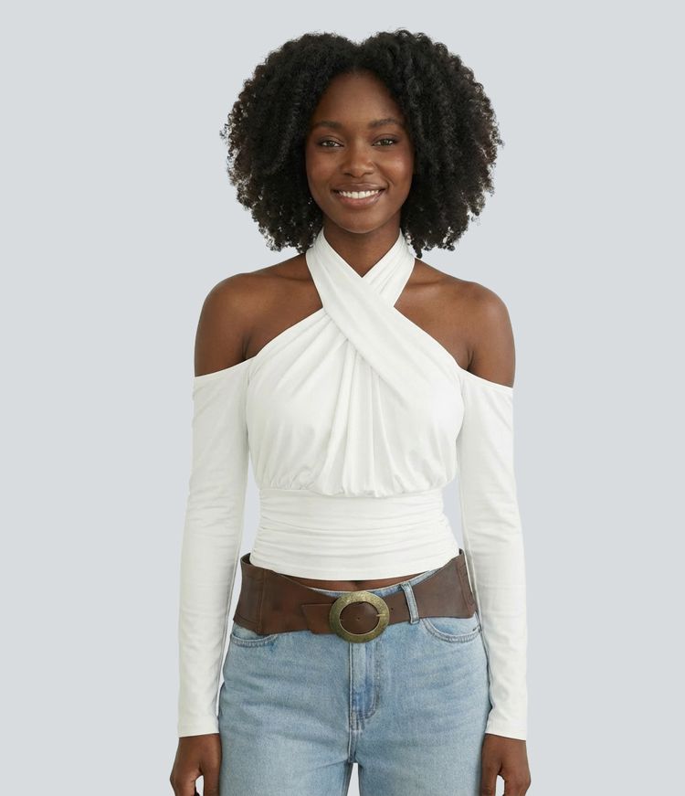 Halter-Oberteil, rückenfrei, langärmelig, lässig