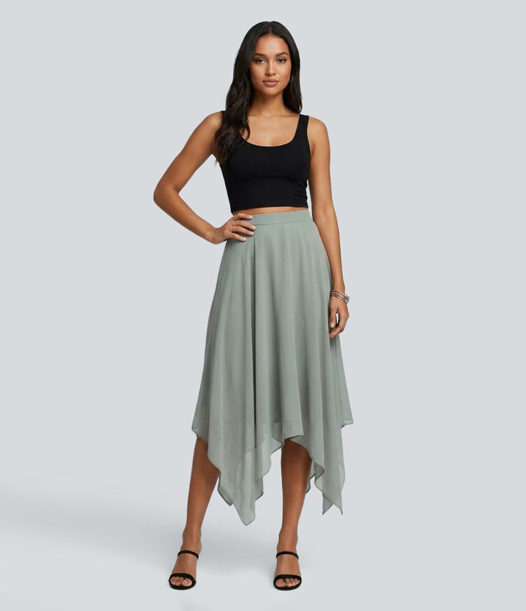 High Waisted Asymmetric Hem Flowy Midi Casual Skirt