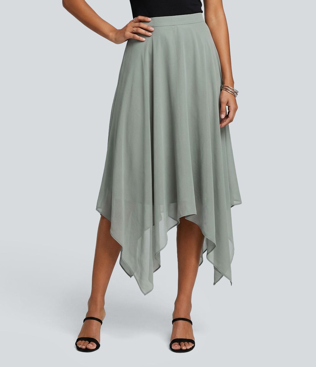 High Waisted Asymmetric Hem Flowy Midi Casual Skirt