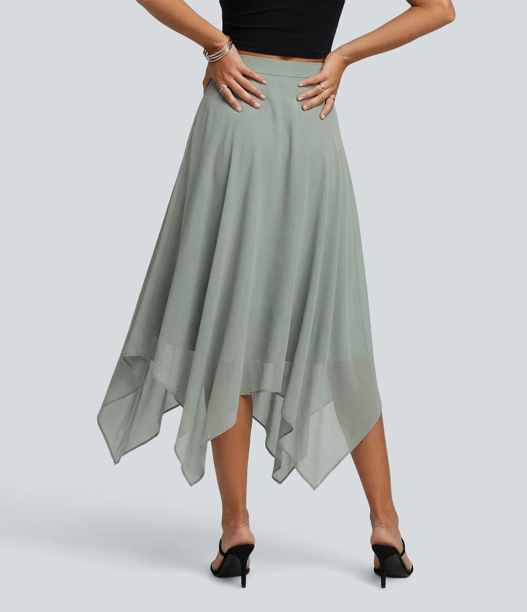 High Waisted Asymmetric Hem Flowy Midi Casual Skirt