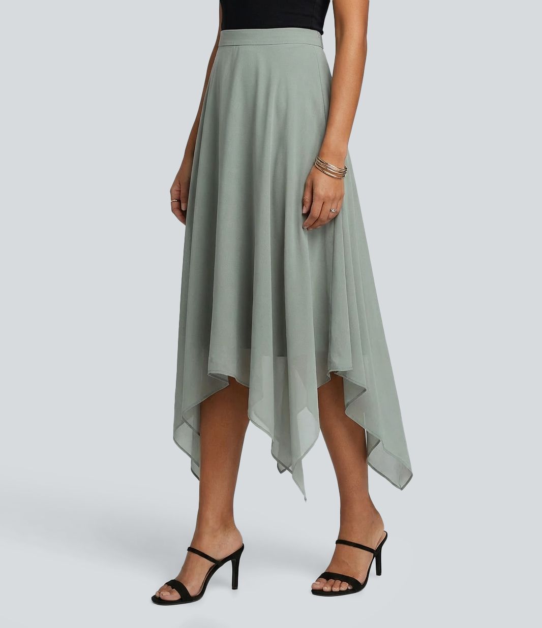 High Waisted Asymmetric Hem Flowy Midi Casual Skirt