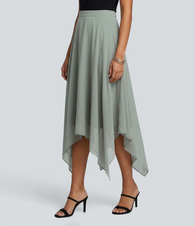 High Waisted Asymmetric Hem Flowy Midi Casual Skirt