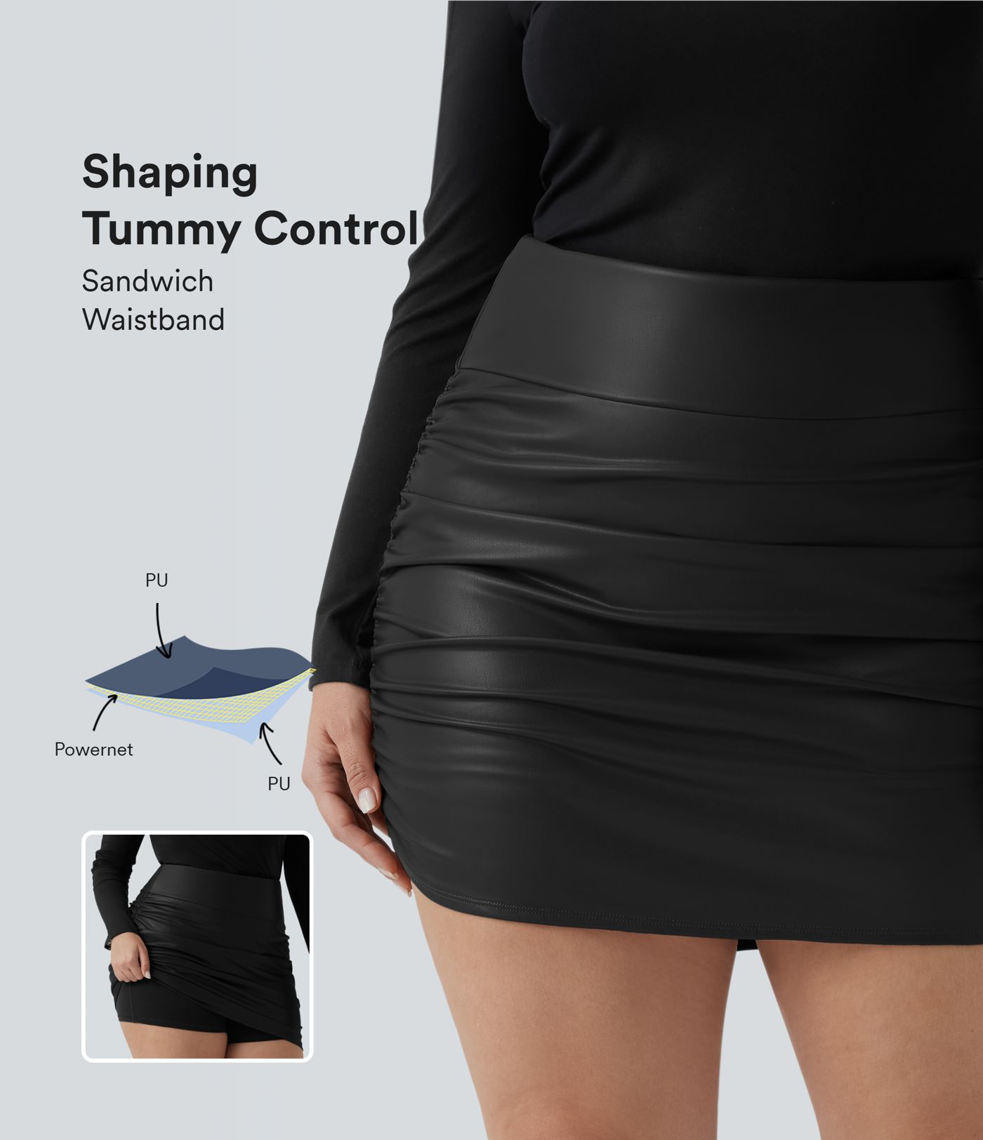 High Waisted Tummy Control Ruched Curved Hem 2-in-1 Fleece PU Mini Bodycon Party Plus Size Skirt