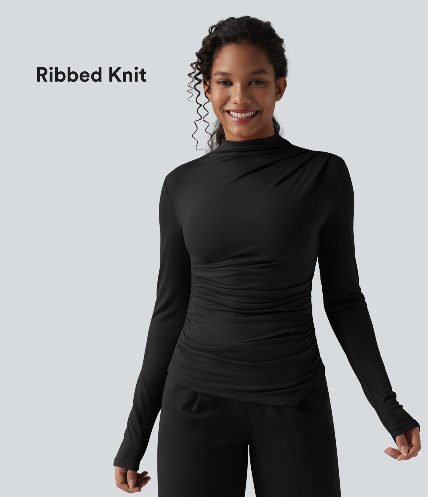 Ribbed Knit Mock-neck Long Sleeve Ruched Asymmetric Hem Casual Top