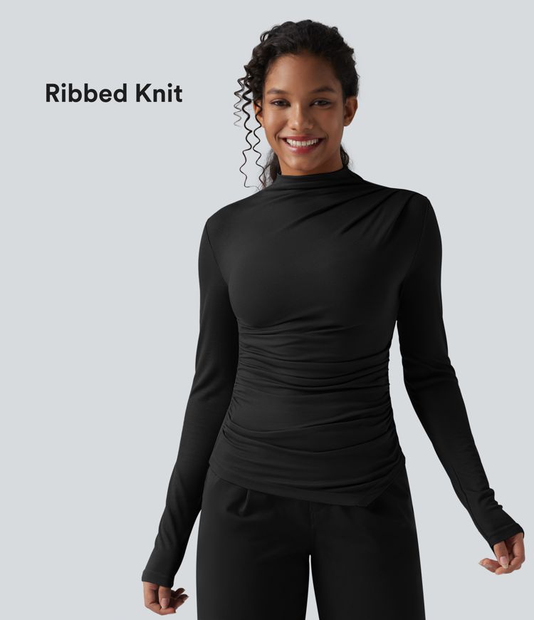 Ribbed Knit Mock-neck Long Sleeve Ruched Asymmetric Hem Casual Top