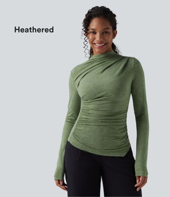 Mock-neck Long Sleeve Ruched Asymmetric Hem Casual Heathered Top