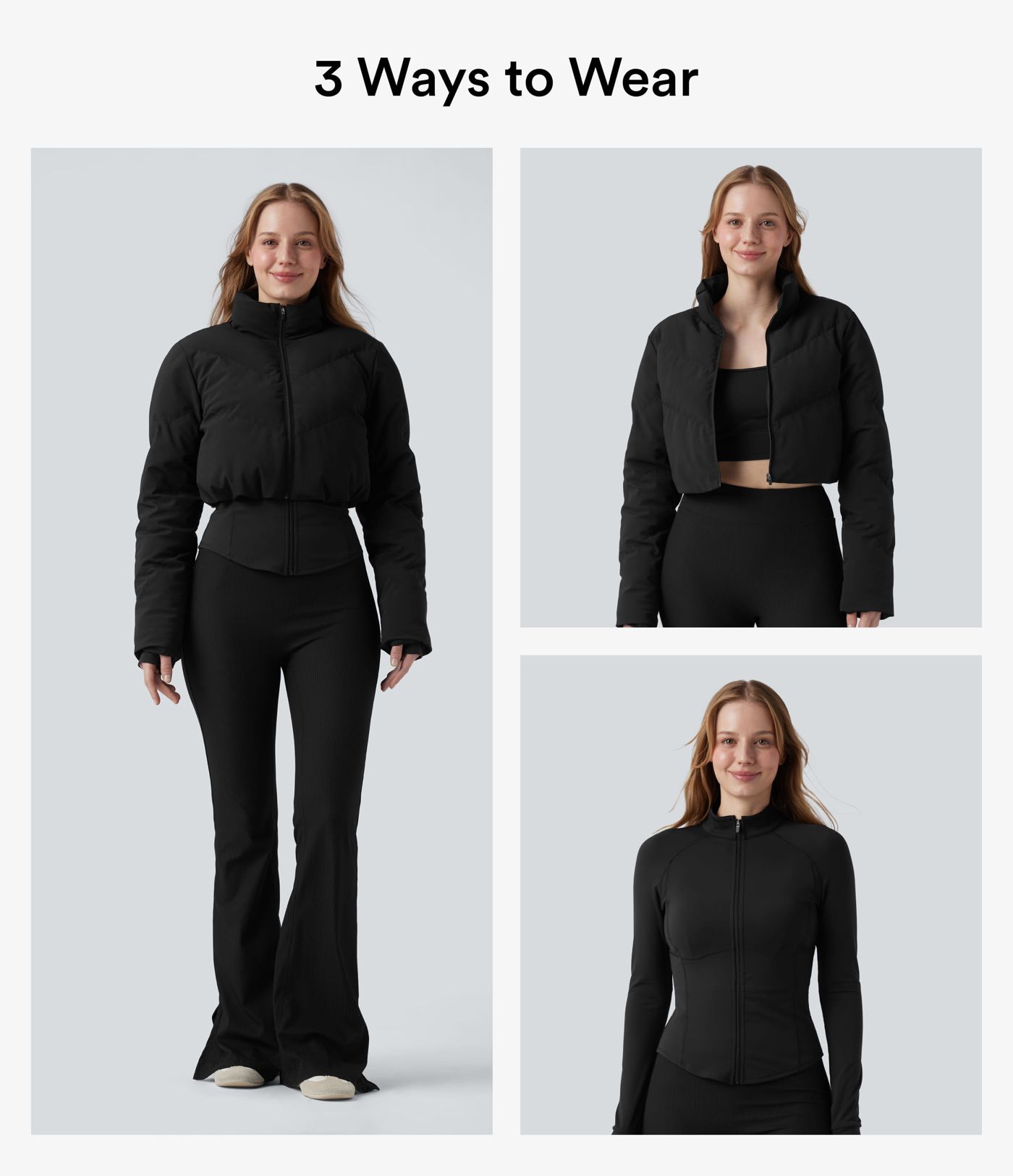 Lässige, kurze 3-in-1 Stretch-Pufferjacke mit Stehkragen, Seitentaschen, langen Ärmeln, Daumenlöchern und geschwungenem Saum