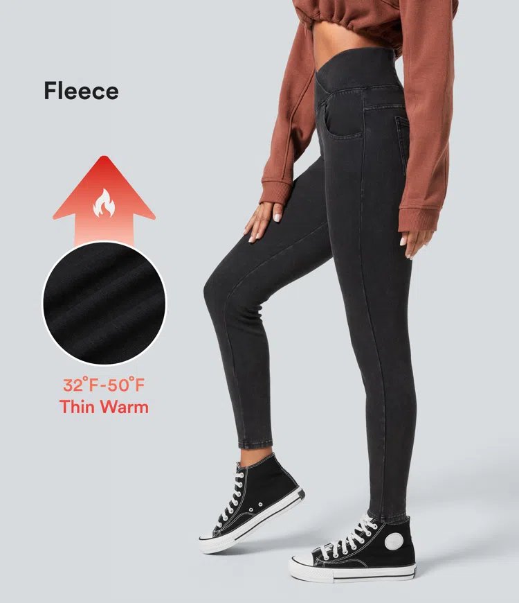 Gloomy Black Denim Halara Flex™ Denim Heat High Waisted Crossover Pockets Casual 7/8 Leggings / 1