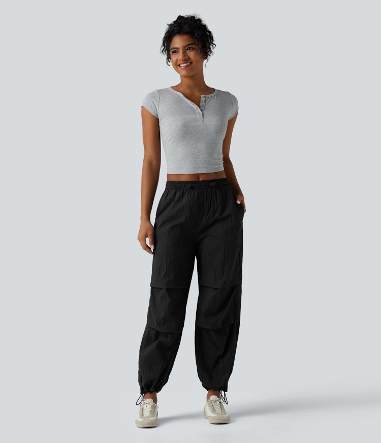 Lightweight Durable Water Repellent Mid Rise Straight Leg Casual Parachute Joggers with Pockets