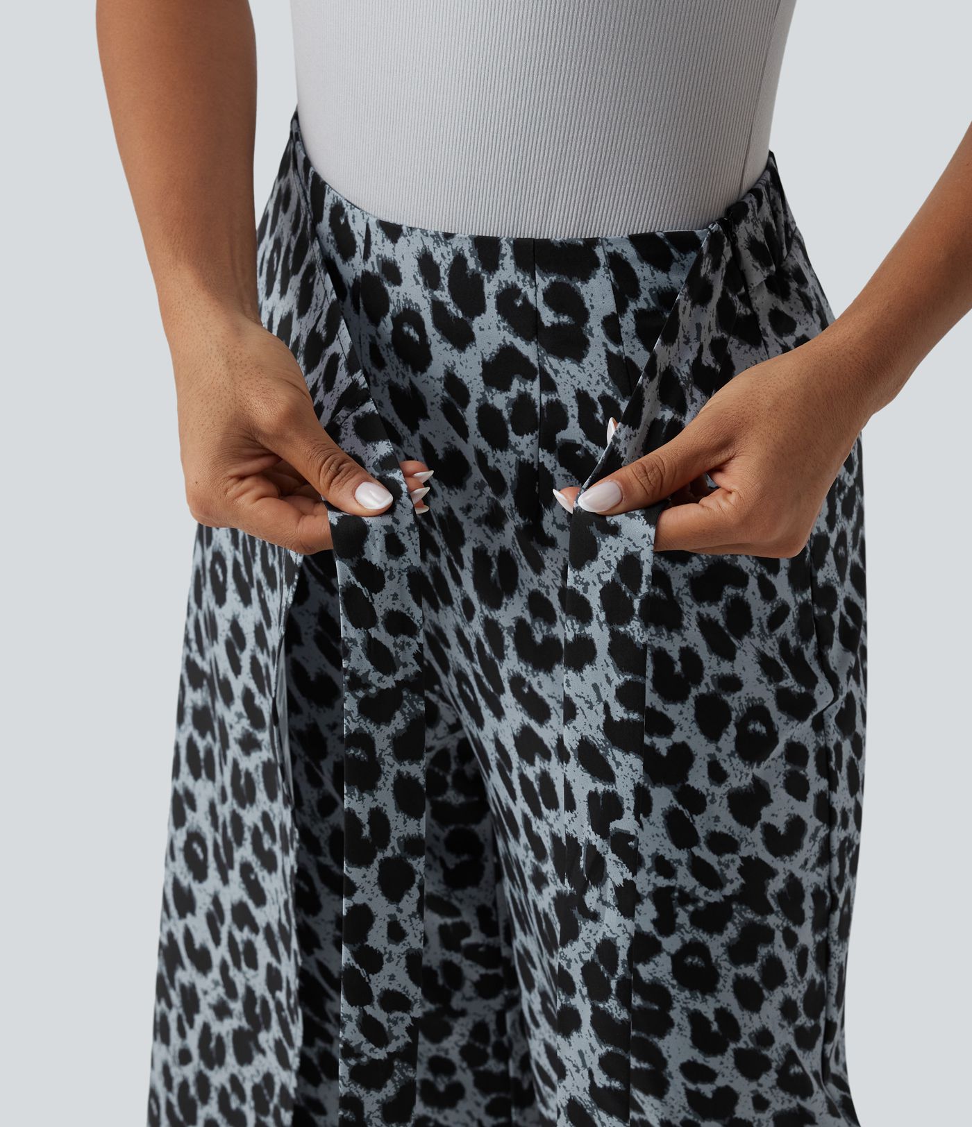 High Waisted Tie Side Wide Leg Leopard Print Work Pants