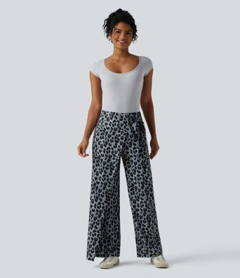 High Waisted Tie Side Wide Leg Leopard Print Work Pants
