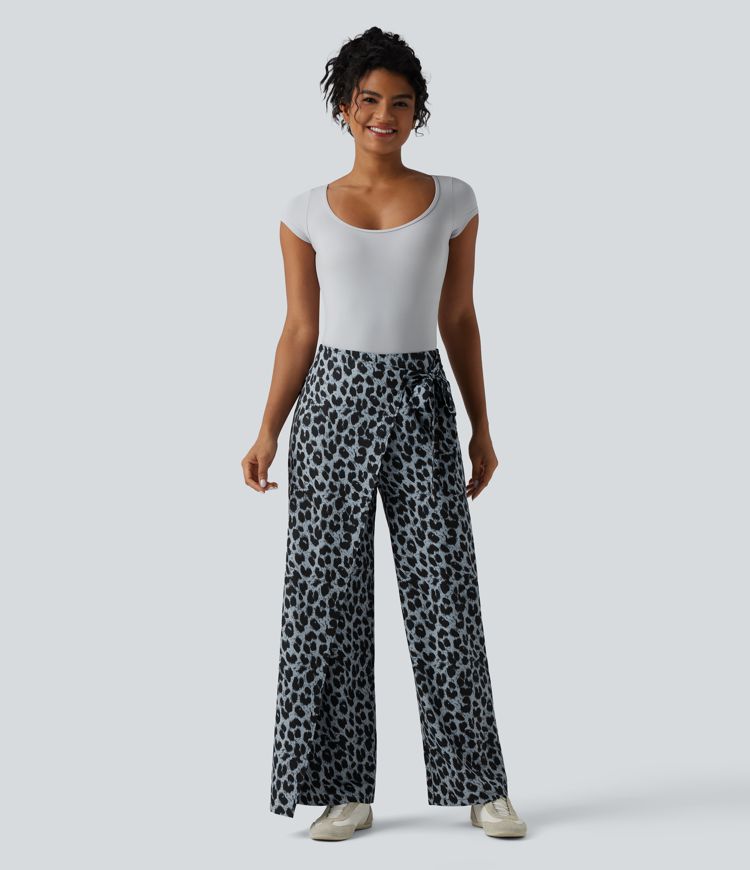 High Waisted Tie Side Wide Leg Leopard Print Work Pants