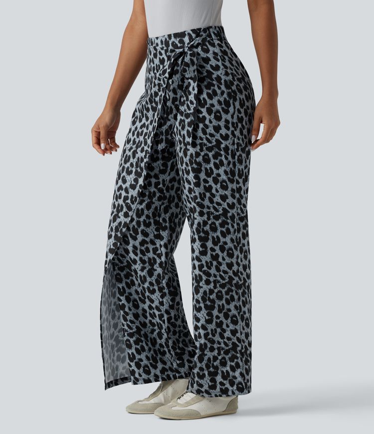 High Waisted Tie Side Wide Leg Leopard Print Work Pants
