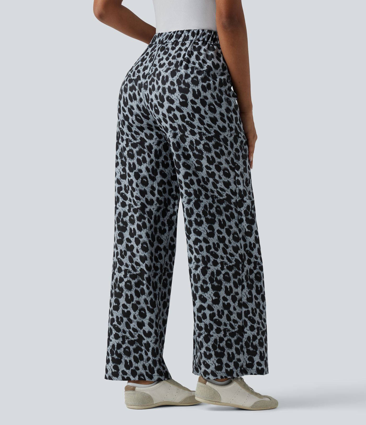 High Waisted Tie Side Wide Leg Leopard Print Work Pants