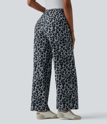High Waisted Tie Side Wide Leg Leopard Print Work Pants