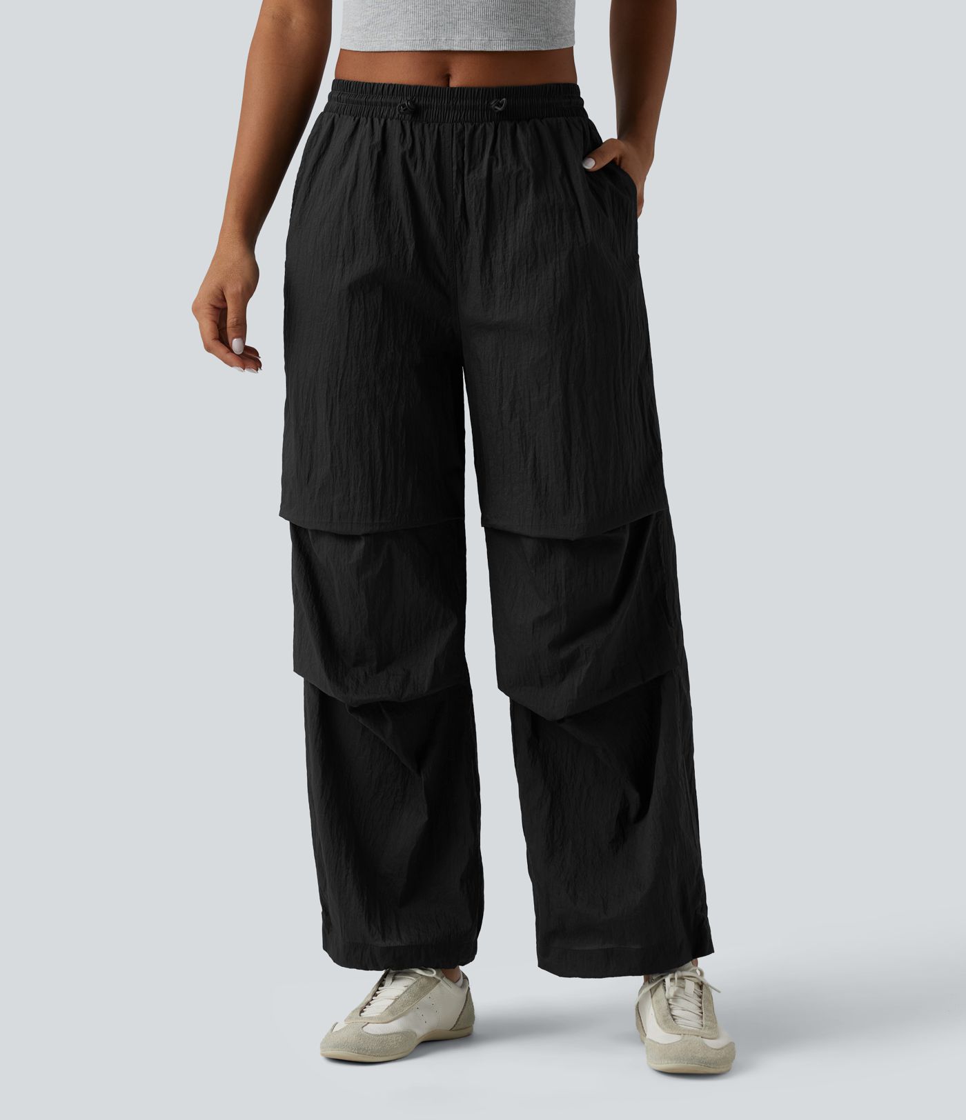 Lightweight Durable Water Repellent Mid Rise Straight Leg Casual Parachute Joggers with Pockets