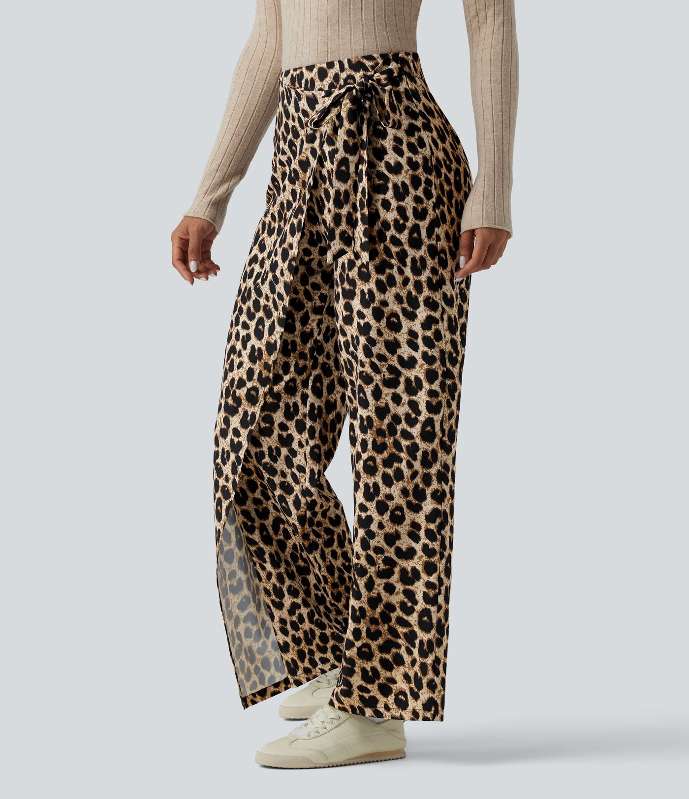 Arbeits-Hose mit hohem Bund, Leopardenmuster, seitlichem Bindeband und weitem Bein
