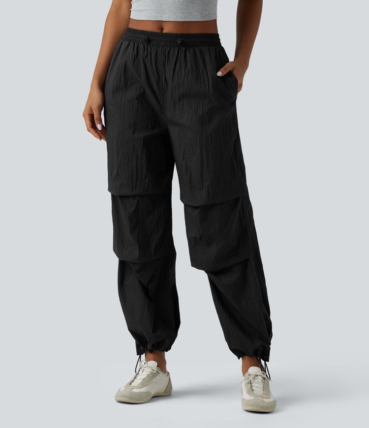 Lightweight Durable Water Repellent Mid Rise Straight Leg Casual Parachute Joggers with Pockets