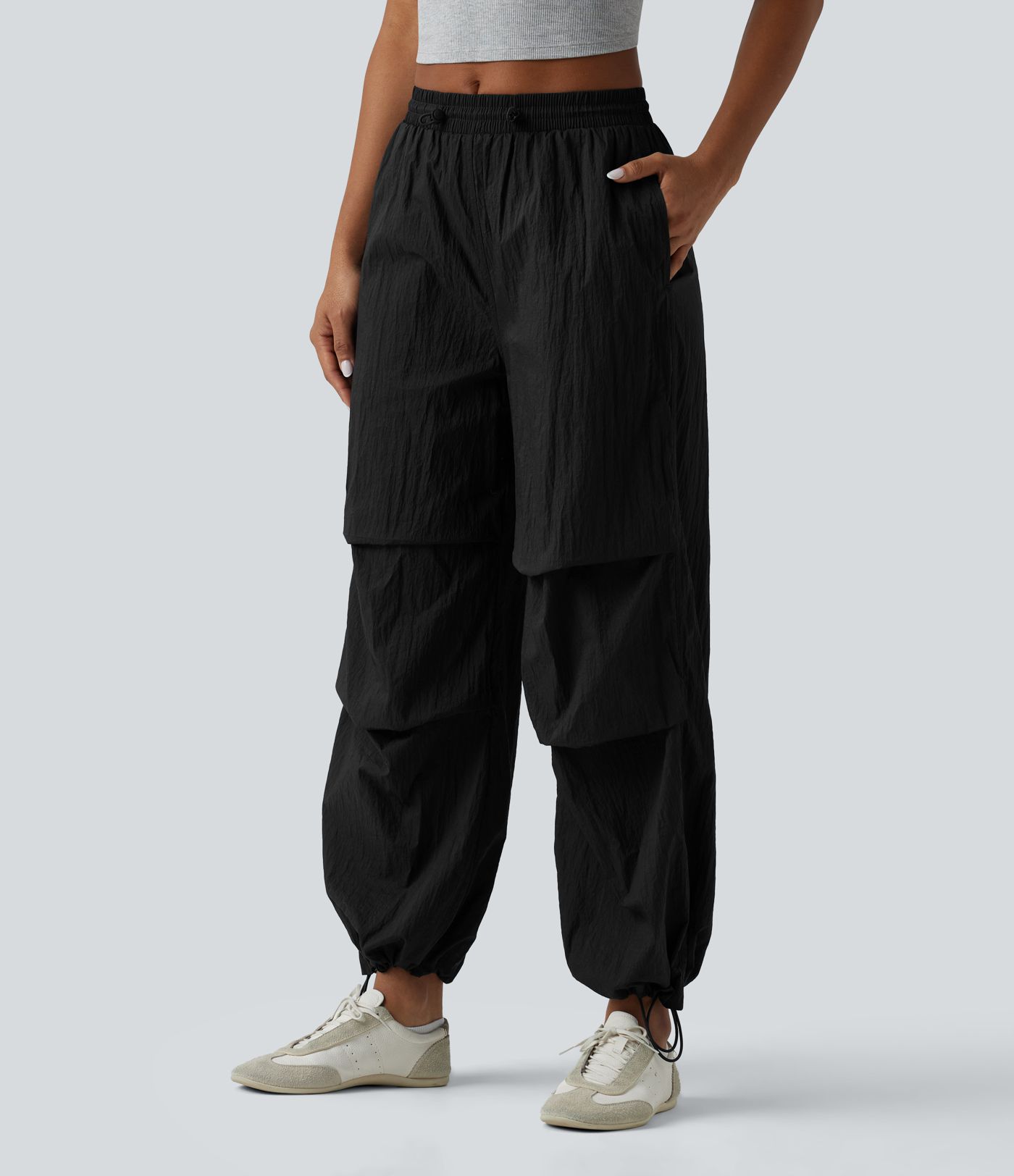 Lightweight Durable Water Repellent Mid Rise Straight Leg Casual Parachute Joggers with Pockets