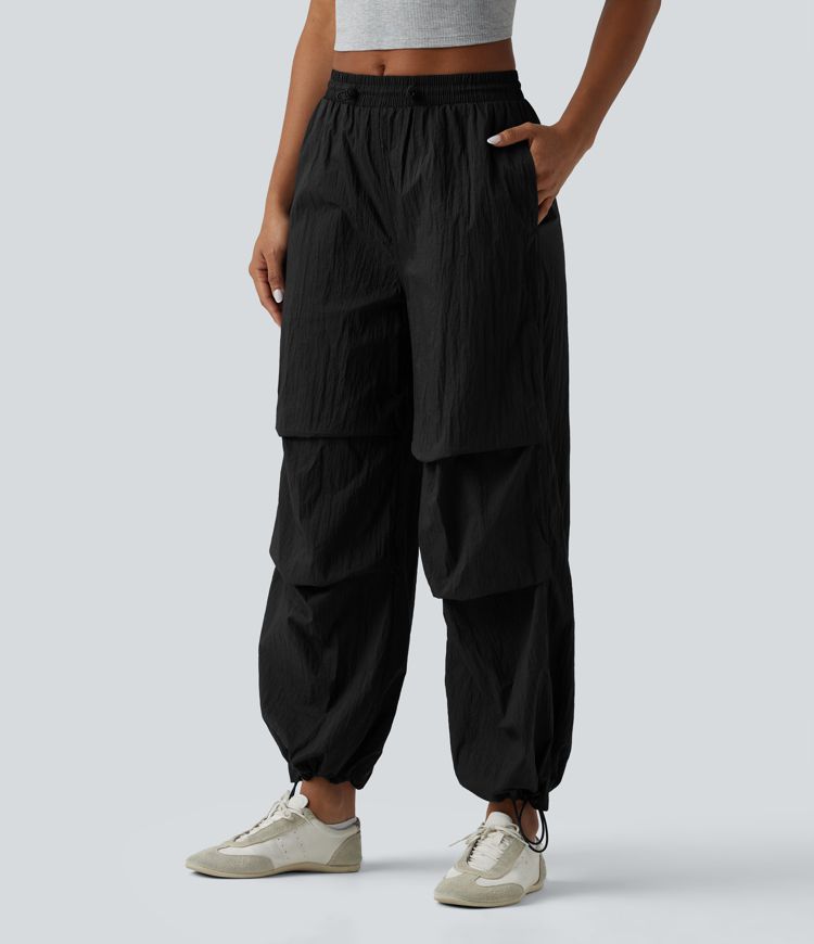 Lightweight Durable Water Repellent Mid Rise Straight Leg Casual Parachute Joggers with Pockets