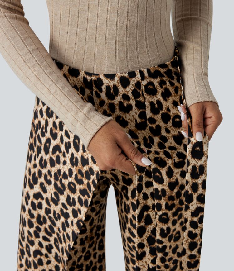 Arbeits-Hose mit hohem Bund, Leopardenmuster, seitlichem Bindeband und weitem Bein