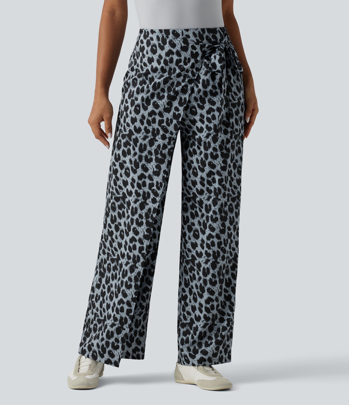 High Waisted Tie Side Wide Leg Leopard Print Work Pants
