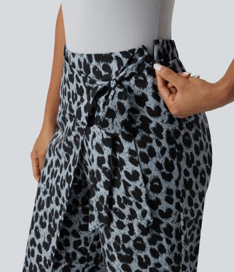 High Waisted Tie Side Wide Leg Leopard Print Work Pants