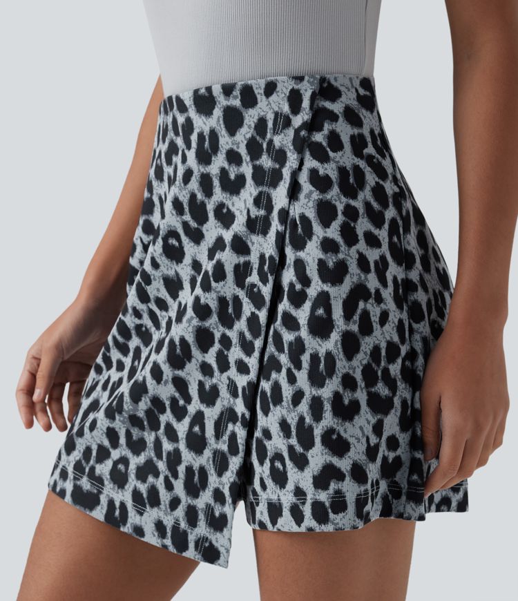 High Waisted Leopard Print Waffle Mini Casual Skort