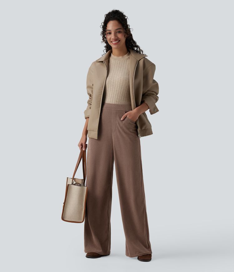 Pantalon velours côtelé tailleur et large Halara Flex™, taille haute, avec poches