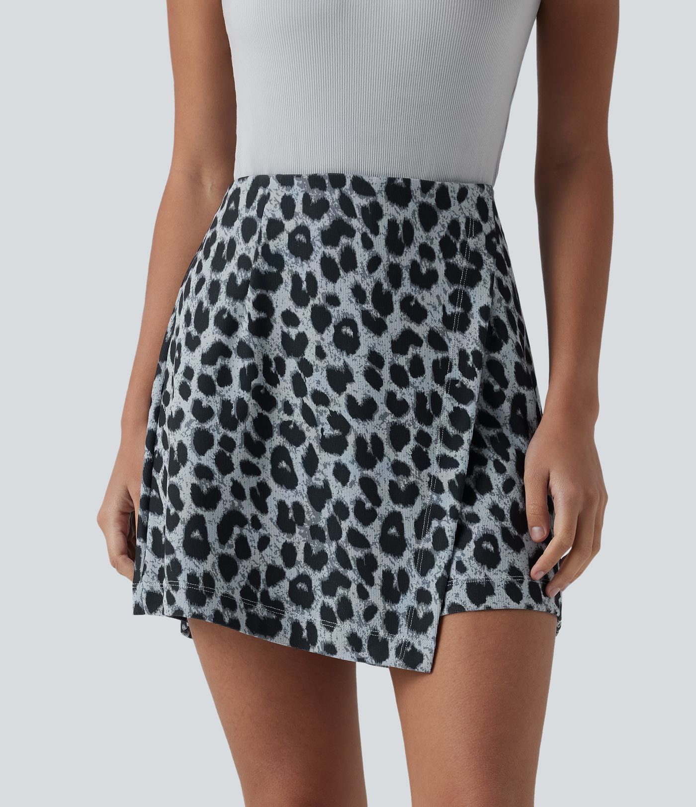 High Waisted Leopard Print Waffle Mini Casual Skort
