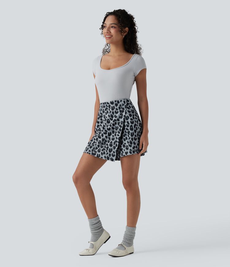 High Waisted Leopard Print Waffle Mini Casual Skort