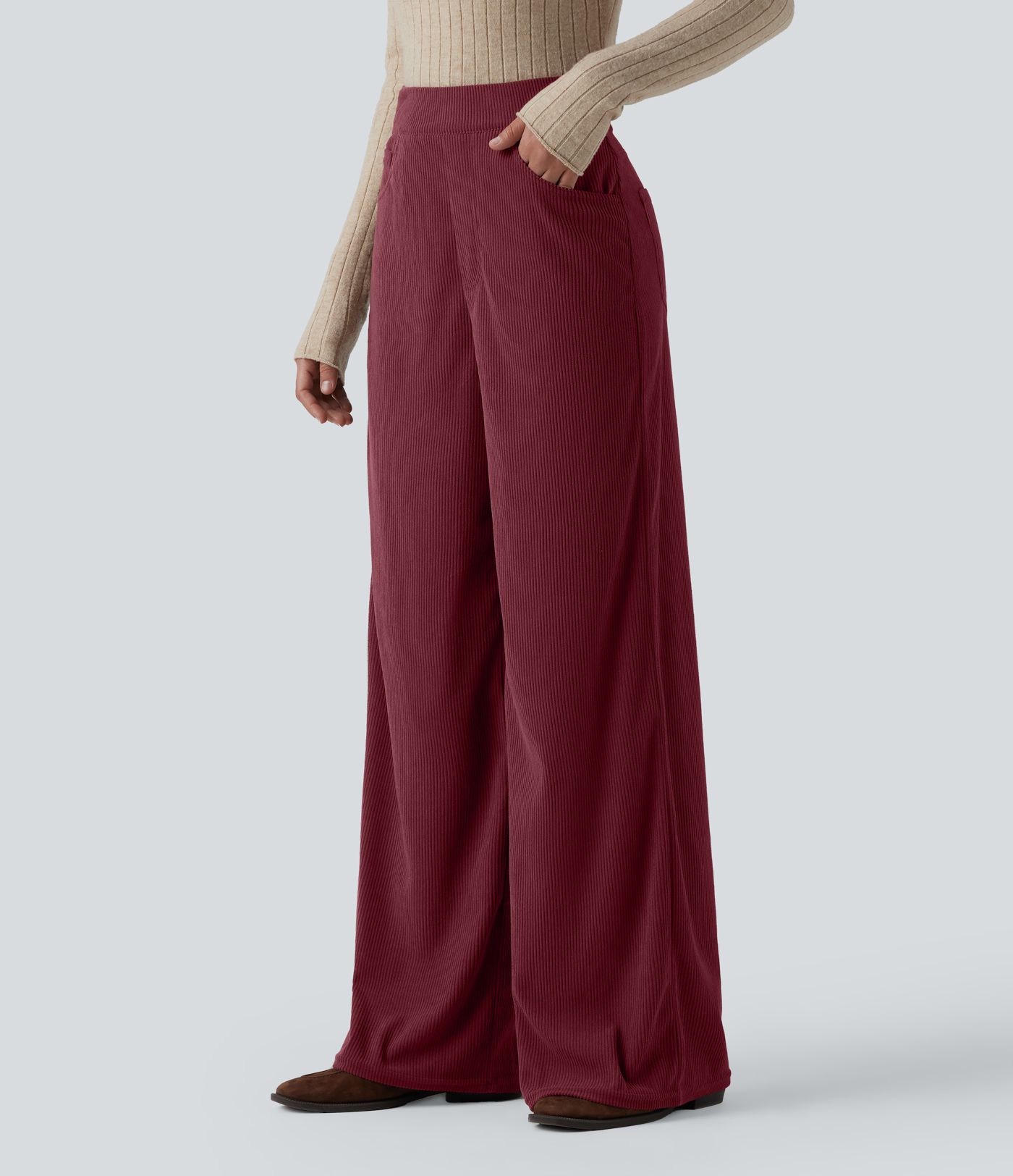 Pantalon velours côtelé tailleur et large Halara Flex™, taille haute, avec poches