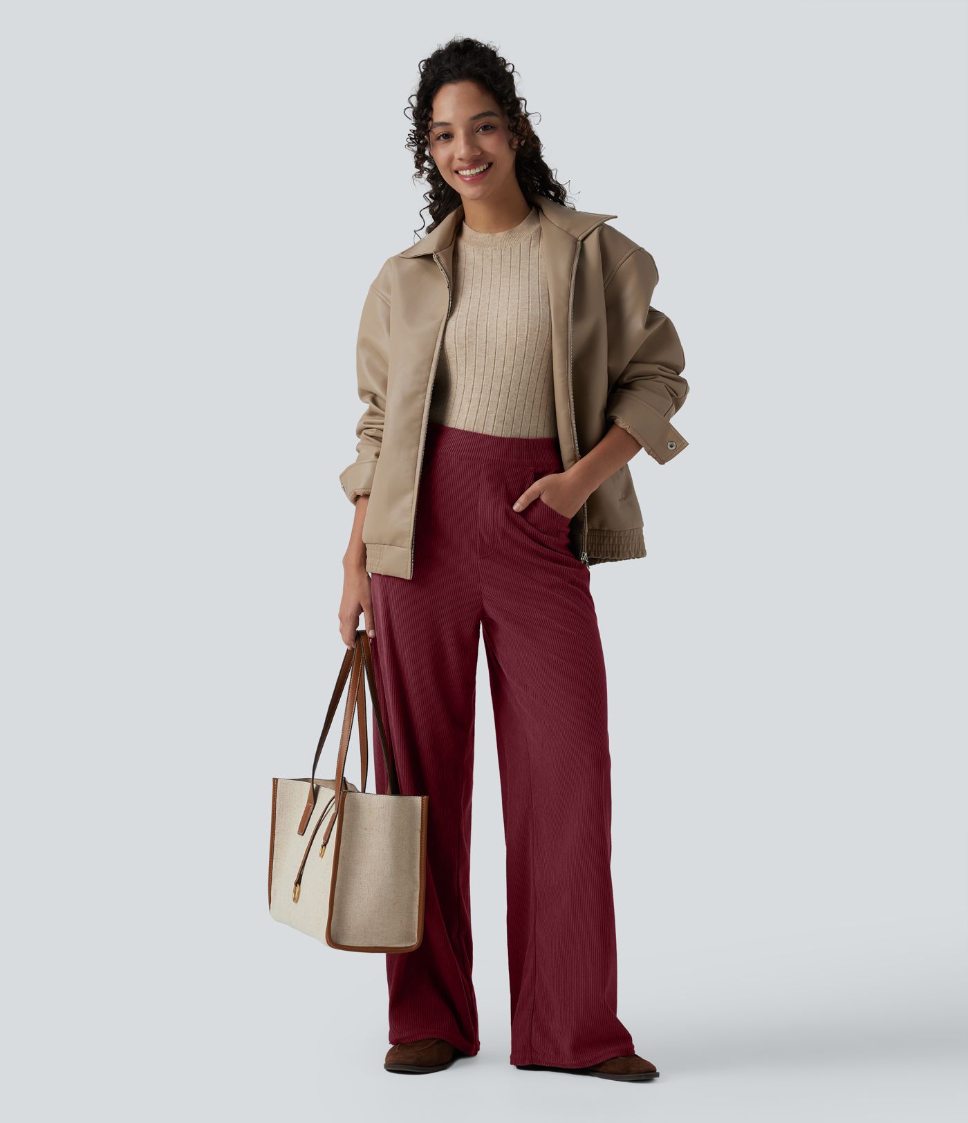 Pantalon velours côtelé tailleur et large Halara Flex™, taille haute, avec poches