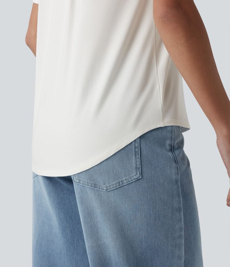 V Neck Short Sleeve Curved Hem Casual T-Shirt