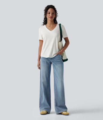 V Neck Short Sleeve Curved Hem Casual T-Shirt