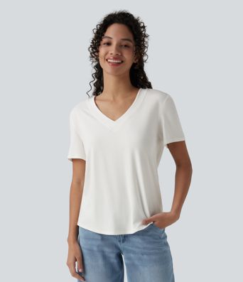 V Neck Short Sleeve Curved Hem Casual T-Shirt