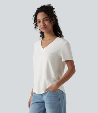 V Neck Short Sleeve Curved Hem Casual T-Shirt