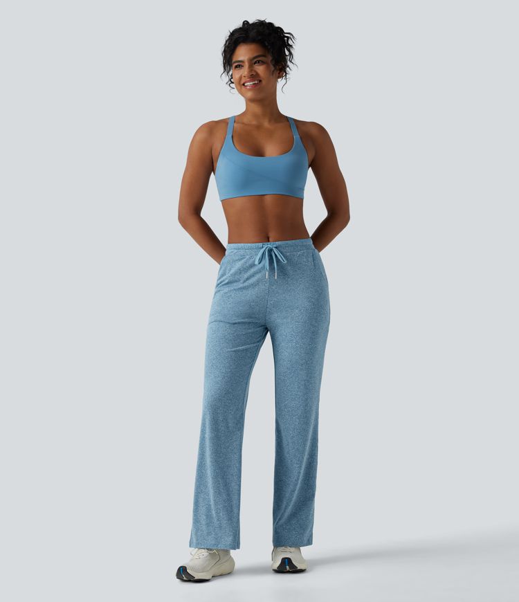 Pantalon de yoga bootcut chiné taille mi-haute froncé avec cordon de serrage et poches Pantalon de yoga bootcut chiné taille mi-haute froncé avec cordon de serrage et poches