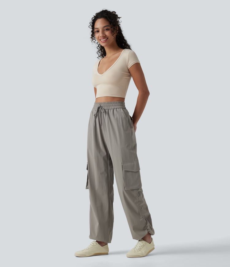 High Waisted Drawstring Casual Cargo Baggy Joggers with Pockets