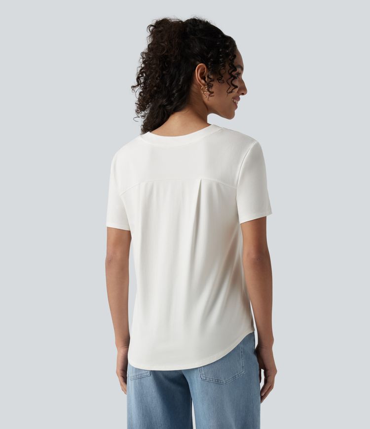 V Neck Short Sleeve Curved Hem Casual T-Shirt