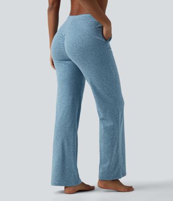 Pantalon de yoga bootcut chiné taille mi-haute froncé avec cordon de serrage et poches Pantalon de yoga bootcut chiné taille mi-haute froncé avec cordon de serrage et poches