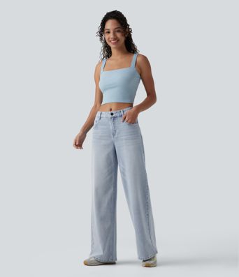 Halara Flex™ Mid Rise Washed Baggy Wide Leg Casual Jeans with Pockets