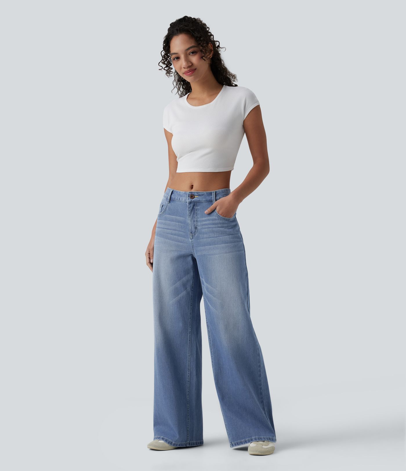 Halara Flex™ - Lässige, verwaschene Baggy-Jeans mit mittelhohem Bund, mehreren Taschen und weitem Bein