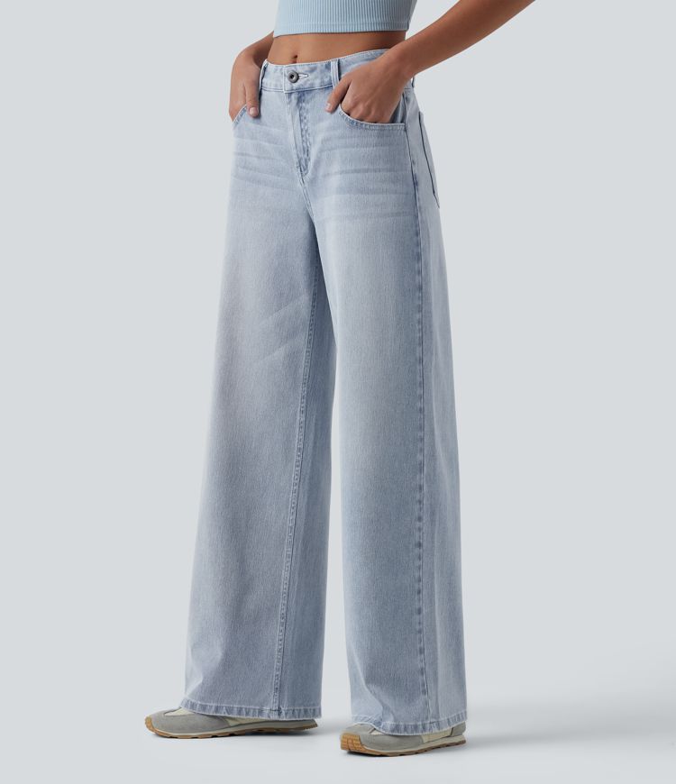 Halara Flex™ Mid Rise Washed Baggy Wide Leg Casual Jeans with Pockets