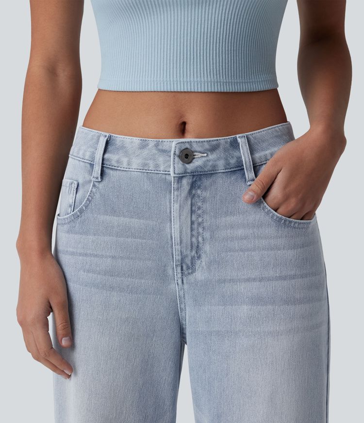 Halara Flex™ Mid Rise Washed Baggy Wide Leg Casual Jeans with Pockets