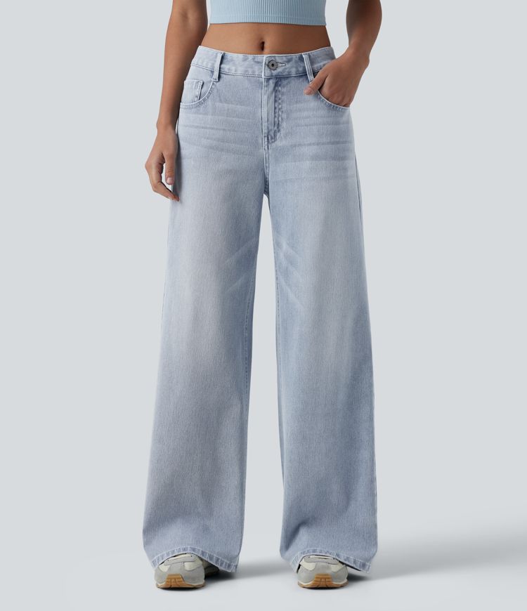 Halara Flex™ Mid Rise Washed Baggy Wide Leg Casual Jeans with Pockets